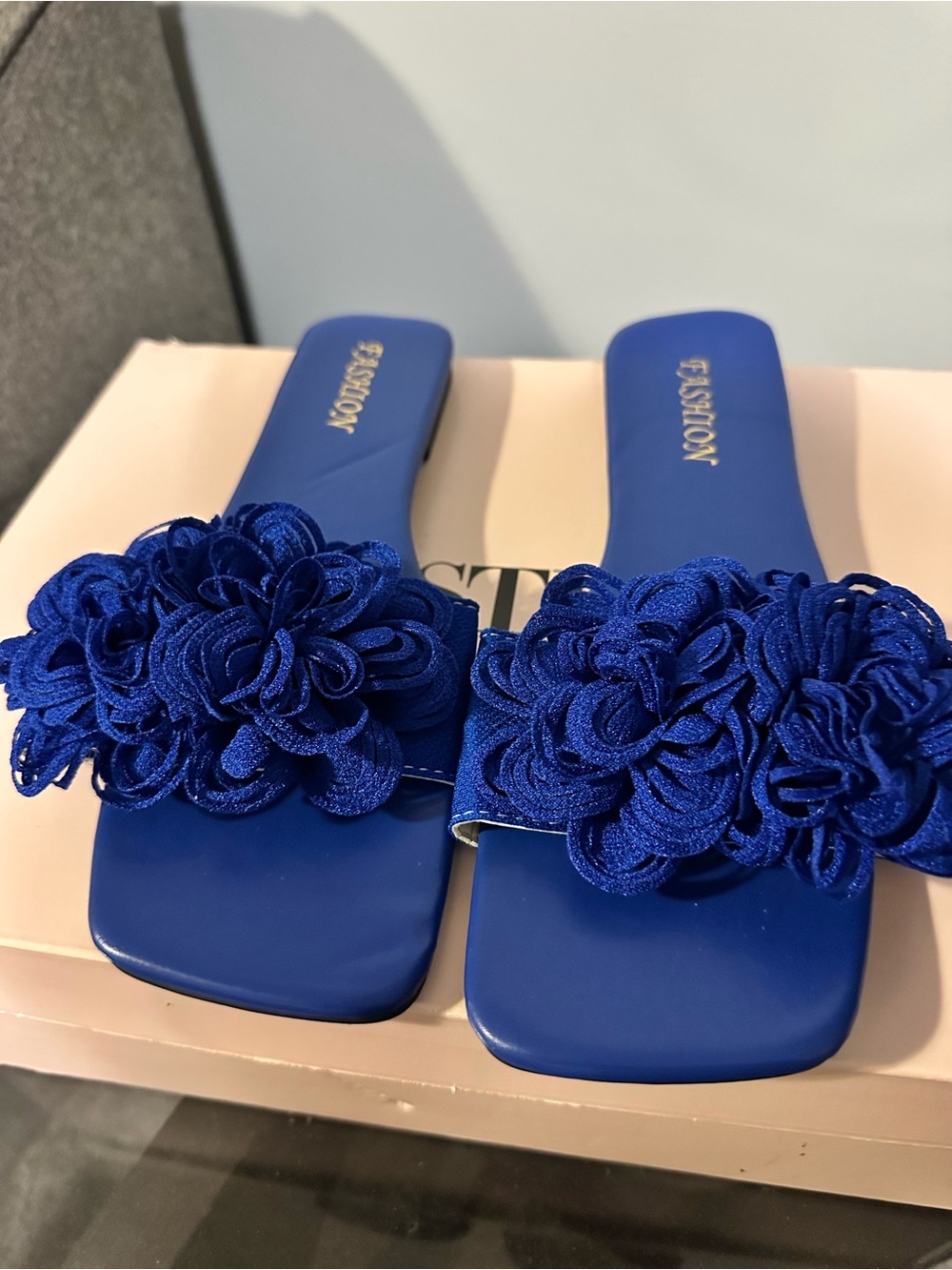 Royal Blue Floral Slide Sandals - Women's